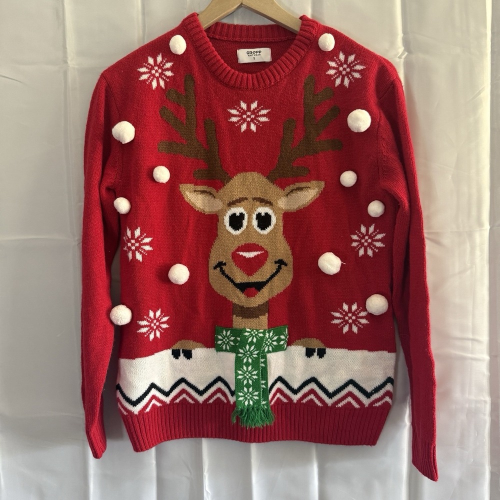 3D‎ Snow Reindeer Ugly Christmas Sweater Womens S Red Holiday Shirt Top
